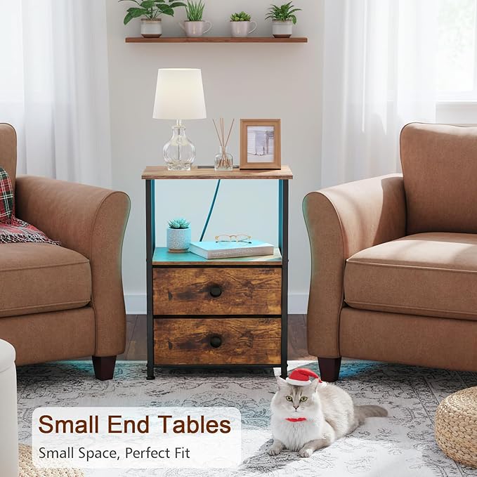LOAKEKEL Night Stand Set 2, LED Nightstand with Charging Station, End Tables with Storage Shelf, Bedside Table with 2 Fabric Drawers for Bedroom, Small Spaces, Rustic Brown HETS02PBR