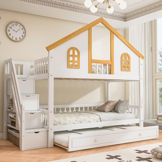 Twin Over Twin Bunk Bed with Trundle and Storage Stairs, House Triple Bunk Castle Bed with Roof and Windows, Bookshelf, Space Saving for Kids, Boys, Girls, Adults, White