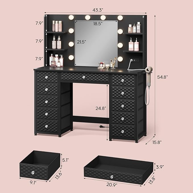 HAUOMS Vanity with Lights and Mirror, 11 Drawer Makeup Vanity with Power Strip, 6 Open Shelves, 43.3” Vanity Desk with Storage, Dressing Table with 3 Color Modes for Bedroom, Women, Girls, Black
