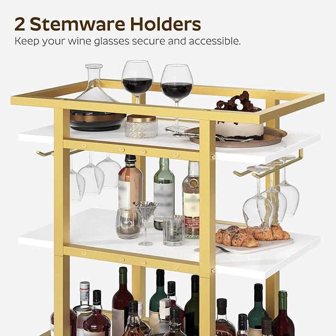 YATINEY 3 Tier Bar Cart, Home Bar Serving Cart with Wheels, Drink Cart with Glass Holder, Beverage Cart, Mobile Kitchen Cart, for Home, Garden, Party, Gold BC19DW