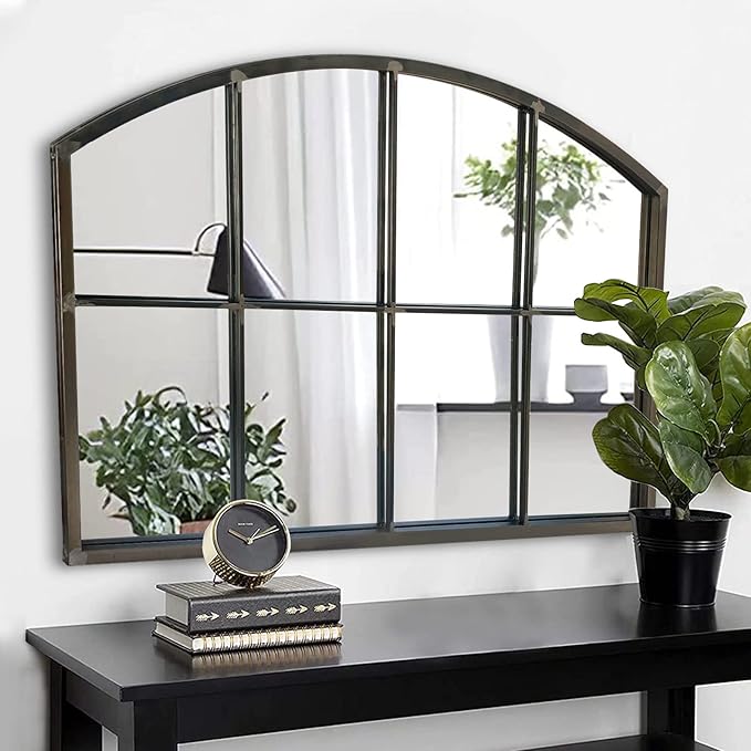 WAMIRRO Wide Window Pane Black Mirror,Farmhouse Arched Wall Mirror,Mantel Mirror for Fireplace/Entryway/Hallway/Living Room,42“X28” (Vintage Retro-Grey Wide)