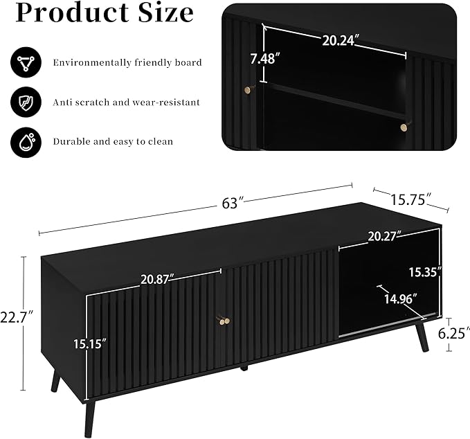 Oubayajia Mid Century Modern TV Stand for Televisions up to 70 Inches, with Sliding Doors and Storage, Television Stands, TV Consoles, Media Consoles for Living Room, 63 Inch (Black)
