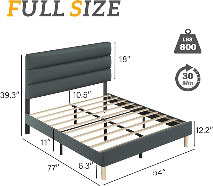 Fluest Full Bed Frame, Platform Bed Frame with Velvet Upholstered Headboard, No Box Spring Needed, Sturdy Metal Support, Noise Free, Easy Assembly, Modern Bedroom Furniture, Grey