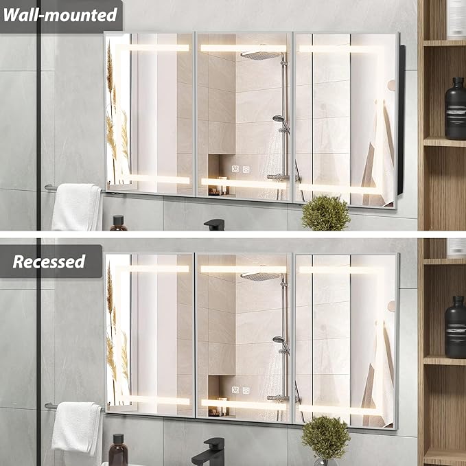 APRILSOUL 48x32 Inch Lighted Bathroom Medicine Cabinet with Mirror, Silver Recessed or Surface Mount Medicine Cabinet Mirror with Storage and LED Lights, 3 Colors Temperature, Dimmable Light