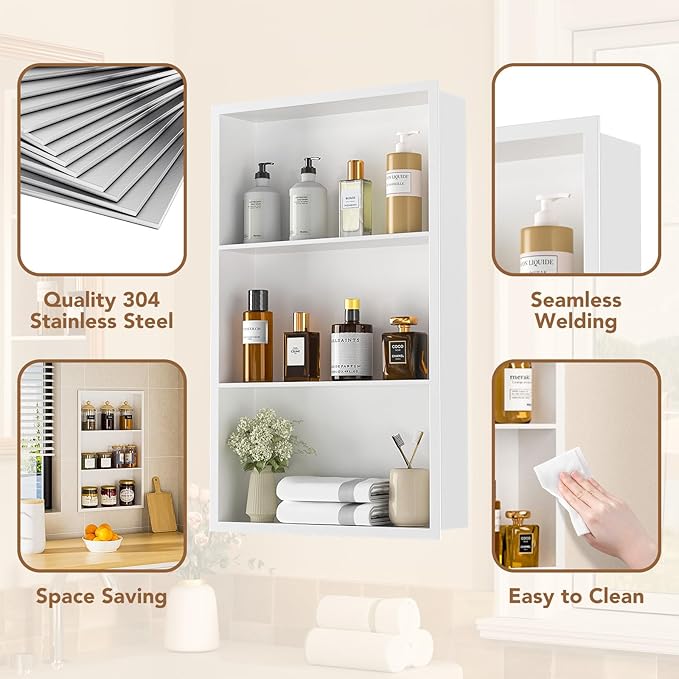 14x24 Recessed Medicine Cabinet, Bathroom Wall Cabinet, 304 Stainless Steel Recessed Wall Niche with 3-Tiers Shelves, Matte White
