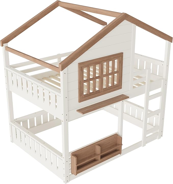 Full Size House Bunk Bed Frame with Storage Bookshelf, Window, Wooden Floor Bunk Bed with Fences, Space Saving for Kids Adults, No Noise, Beige