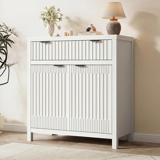 Fatmok Fluted Buffet Cabinet with Storage, 34" Tall Modern Arched Sideboard Cabinet w/AdjustableShelves,Wooden Modular Coffee Bar for Dining Room, Kitchen, Living Room, Entryway, White