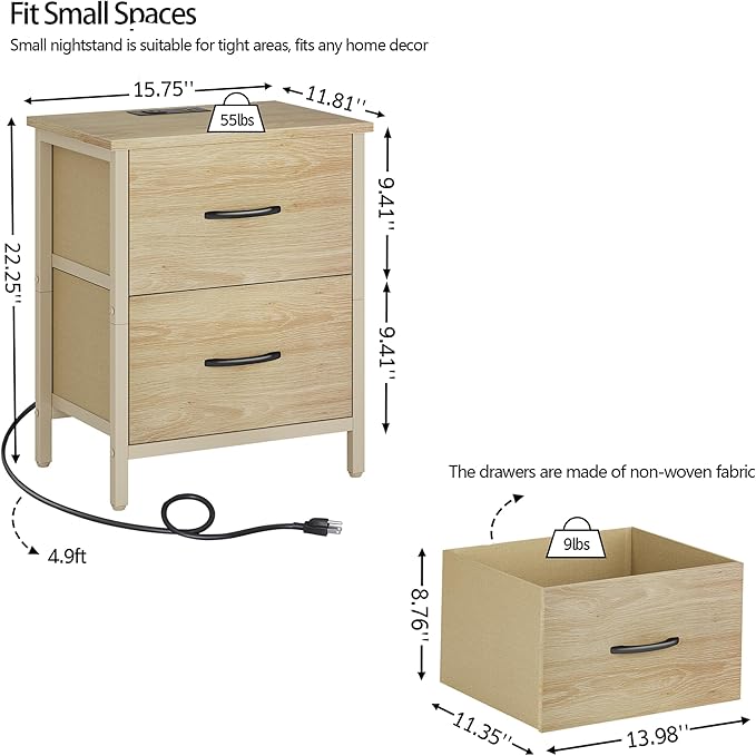 Vagusicc Nightstand with Charging Station, Bedside Table with USB Ports and Outlet, End Table Side Table with 2 Fabric Drawers for Bedroom, Living Room, Natural