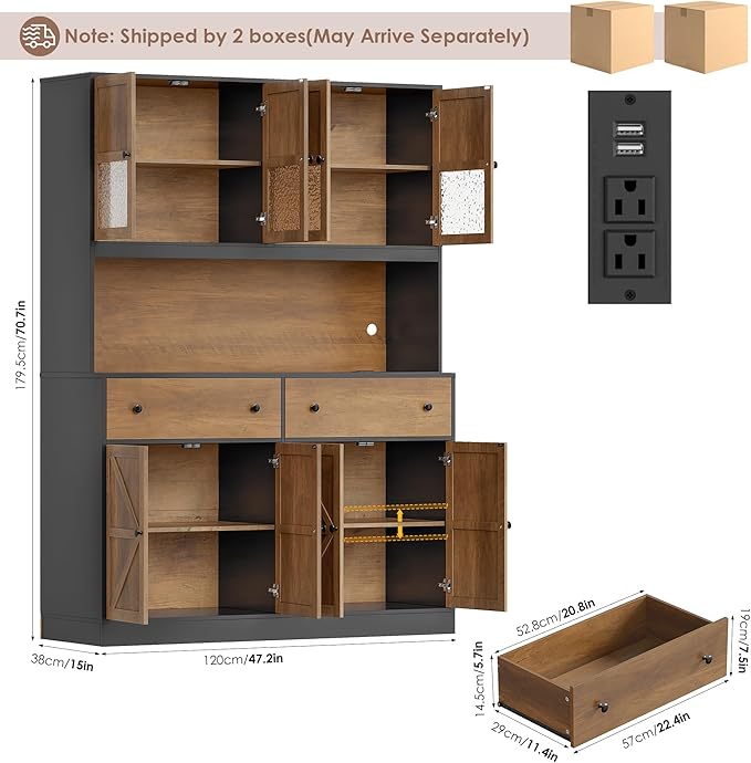 FINETONES 71" Pantry Cabinet with LED Light and Charging Station, Farmhouse Kitchen Pantry Cabinet with Microwave Stand, 47.2" Wide Kitchen Hutch Food Pantry with Open Countertop, Black/Brown