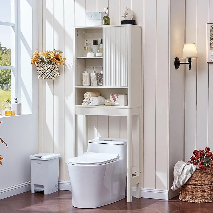LEYAOYAO Fluted Over The Toilet Storage Cabinet, Farmhouse Over Toilet Bathroom Organizer with a Sliding Door, 68" Tall Freestanding Washer Shelf with Adjustable Shelf & Curved Profile,White