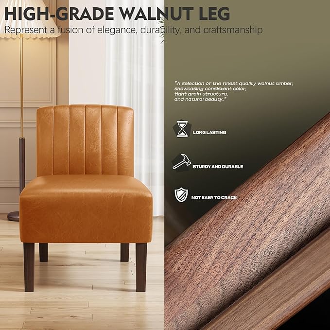 VIRRMO Armless Accent Chairs Set of 2 Upholstered Dining Chairs Living Room Chairs with Solid Wood Legs Bedroom Chair Leather Reading Chair Comfy Chair for Bedroom Vanity Kitchen (Brown)