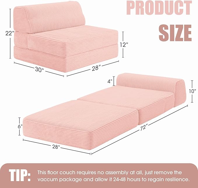 Kasunpul Folding Sofa Bed with Pillow, Memory Foam Fold Out Chair Bed, Convertible Sleeper Chair with Washable Cover, Futon Floor Couch for Living Room/Dorm/Guest Use/Home Office/Apartment,Pink