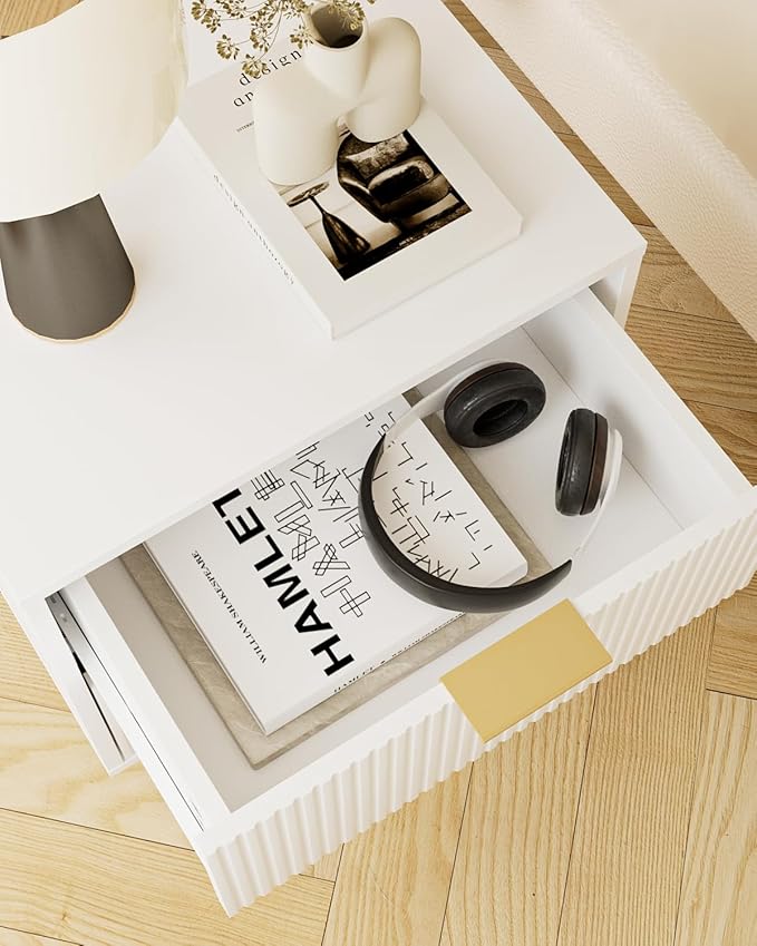 Aienvey Night Stand, Modern Nightstand with Drawers, Bedside Table, Gold Small Side Table for Bedroom, Living Room End Table (White Stripe, 2 Drawers)