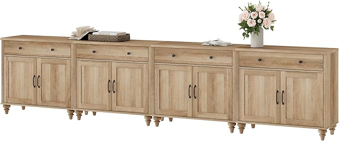 WAMPAT Large Buffet Cabinet with 8 Doors and 4 Drawers, Modern Coffee Bar Table Wood Kitchen Storage Cabinets, Farmhouse Sideboard Credenza for Dining Room, Oak, 134 inch