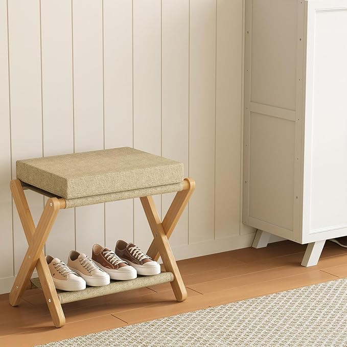 Trironsun Foldable Bamboo Foot Stool Ottoman Double-Layer X Legs Folding Footrest with Padded Cushion Small Upholstered Ottoman for Bedroom Living Room Vanity or Couch (Natural Bamboo)