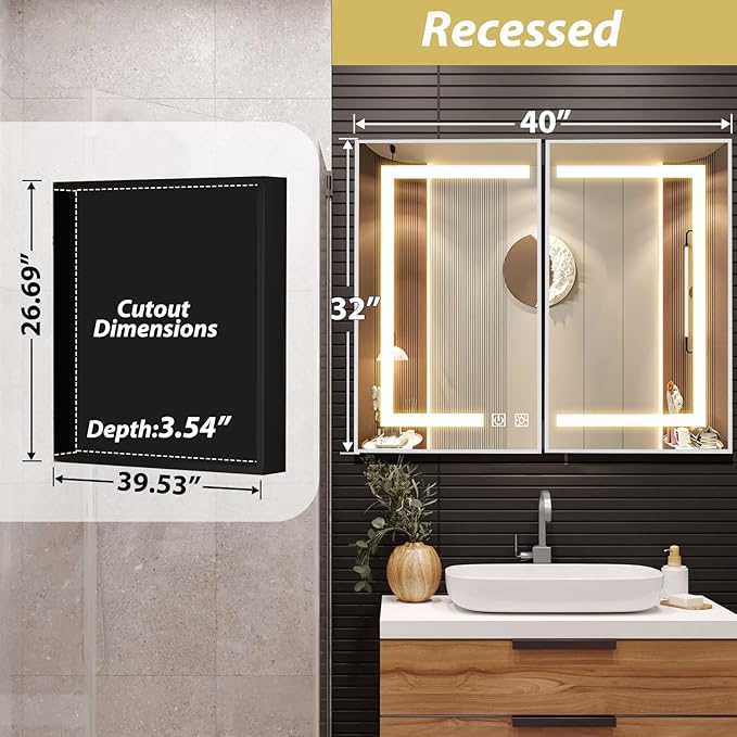 APRILSOUL 40x32 Inch Lighted Bathroom Medicine Cabinet with Mirror, Silver Recessed or Surface Mount Medicine Cabinet Mirror with Storage and LED Lights, 3 Colors Temperature, Dimmable Light