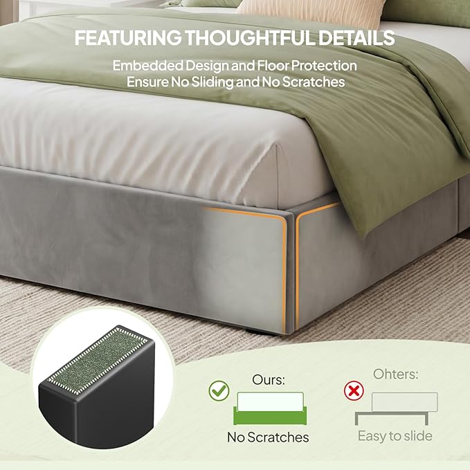 Welzona Upholstered Bed Frame Full Size with 4 Storage Drawers, Velvet Upholstered Metal Platform Bed with Vertical Tufted Headboard, 3-Level Height, Metal Slat Support, Noise-Free Easy Assembly, Grey