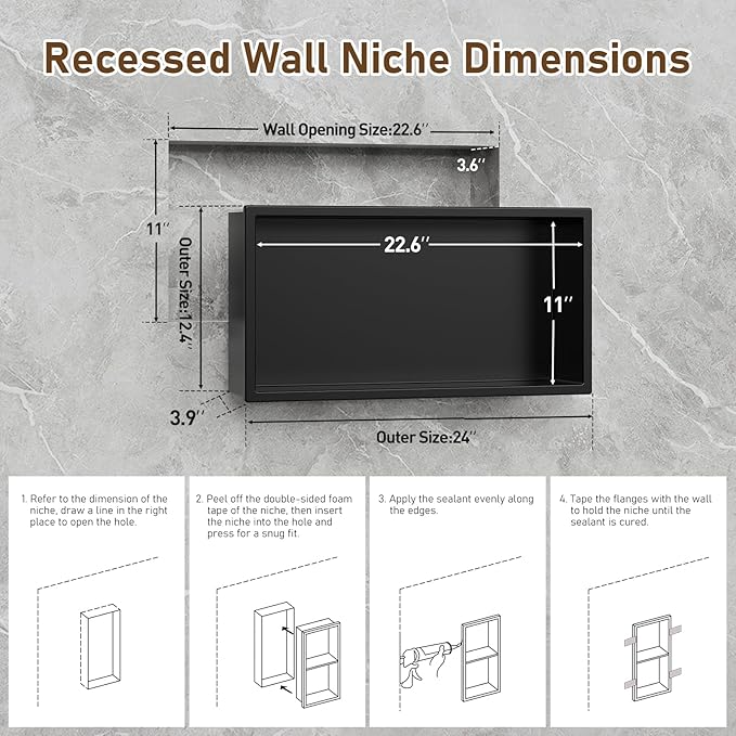 ACEMIRO 23x11 Inch Recessed Medicine Cabinet, Black Medicine Cabinet No Mirror, 304 Stainless Steel Bathroom Wall Niche Cabinet with Storage for Bathroom, Living Room