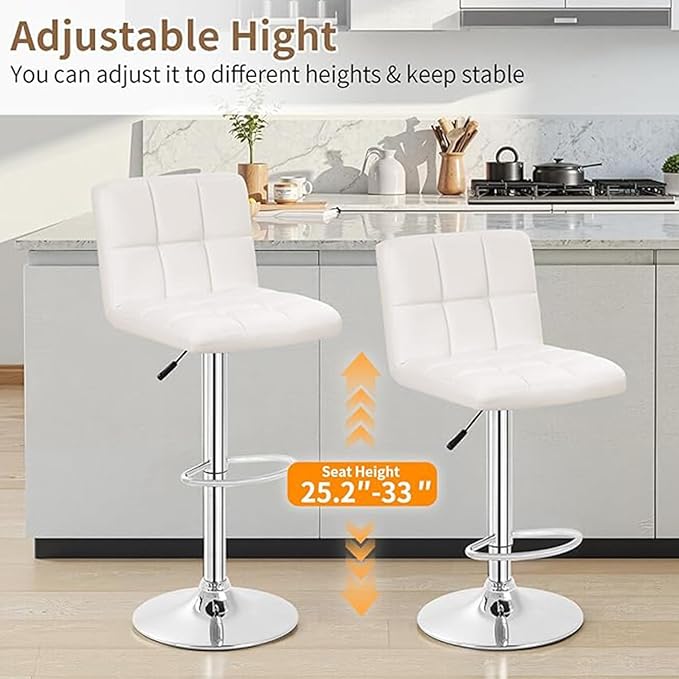 BestOffice Bar Stools Set of 2, Adjustable PU Leather Swivel Barstools, Modern Counter Stools with Back and Footrest, Counter Height Barstools for Bar, Kitchen and Dining Room