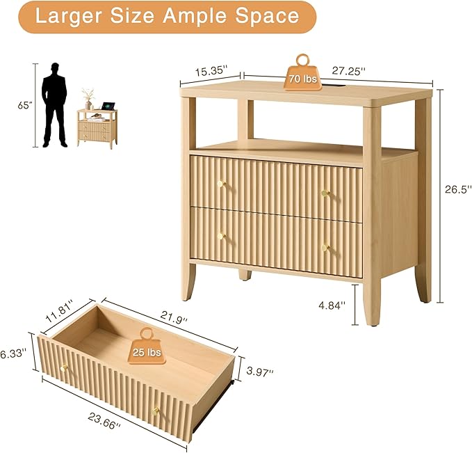 Fluted Nightstand with Charging Station Set of 2, 27.3" Wide Modern Bedside Table with 2 Drawers & Open Shelf, Large Wood End Table with Storage & Metal Handle for Bedroom, Living Room, Natural Wood