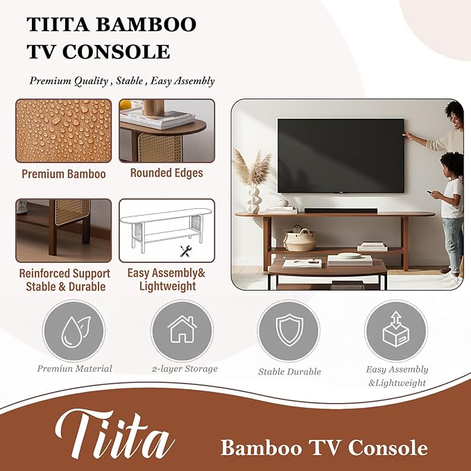 Tiita TV Stand with Storage for TVs up to 65'', Bamboo TV Console Entertainment Center with 2 Open Shelf, Mid Century Modern Media Console for Living Room, Bedroom, Walnut