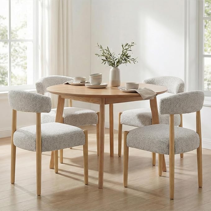 VKNOW Upholstered Dining Room Set for 4, Mid-Century Modern Dining Chairs Set of 2 and Dining Bench with Rubberwood Legs, for Dining Room, Living Room, Kitchen, Heathered Off-White