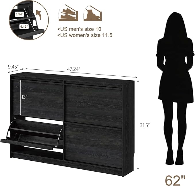 Shoe Storage Cabinet for Entryway with 4 Flip Drawers, Wooden Shoe Organizer Cabinet with Adjustable Shelf, Slim Freestanding Shoe Rack for Entryway, Hallway, Living Room, Black