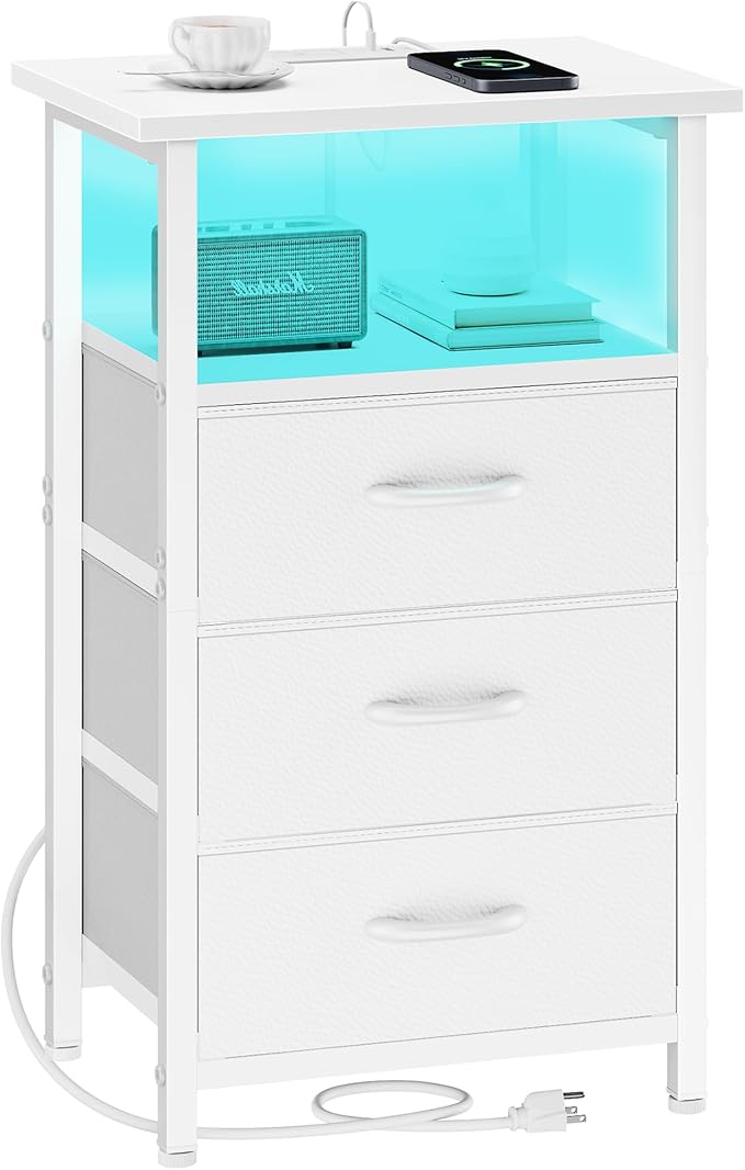 Vagusicc Night Stand with Charging Station, LED Nightstand for Bedroom, White Bedside Table with 3 Fabric Drawers, End Table Side Table with USB Ports and Outlets, Bed Side Table for Bedroom, White