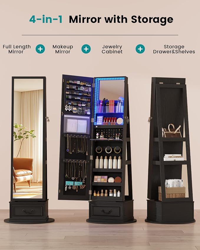 Vlsrka Mirror Jewelry Cabinet Standing, 360° Swivel Jewelry Armoire with Full Length Mirror, Lockable Mirror with Jewelry Storage, 3-Color LED Lights, Foldable Makeup Shelf, Black