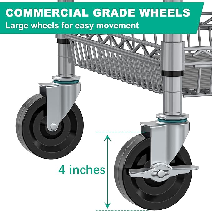Folews Heavy Duty Rolling Cart with Wheels, 990LBS 3-Tier Metal Utility Cart, NSF Rolling Storage Organizer Adjustable Shelves & Basket, Lockable Casters, Commercial Storage Trolley, Gray