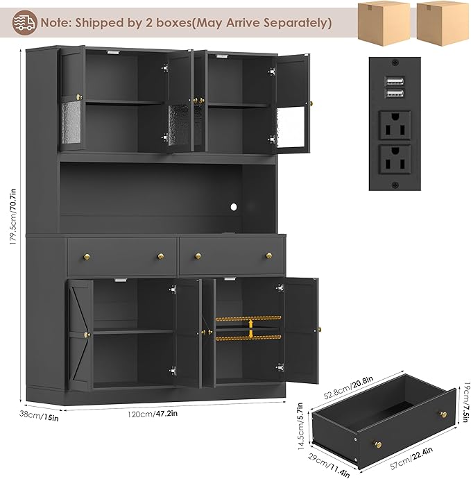 FINETONES 71" Pantry Cabinet with LED Light and Charging Station, Farmhouse Kitchen Pantry Cabinet with Microwave Stand, 47.2" Wide Kitchen Hutch Food Pantry with Open Countertop, Black