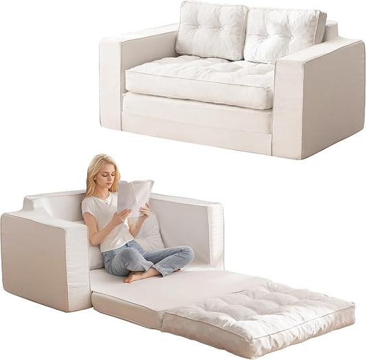 YOSHOOT Loveseat Boneless Couch,55" Convertible Sofa Bed Futon Couches for Living Room,3-in-1 Pull Out Floor Couch with Backrest and Pillows, White