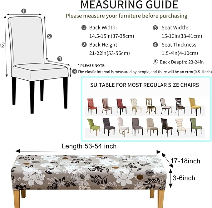 FORCHEER Dining Room Chair and Bench Covers Set of 4 Waterproof Stretch Floral 4 Parson Chair with 1 Bench Slipcovers Washable（Printed Color 22）