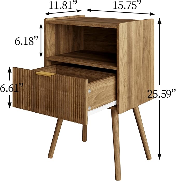 Veegle Nightstand,Modern Bedside Table with Storage Drawer and Open Wood Shelf, Accent Night Stand with Solid Wood Legs for Living Room, Bedroom and Small Spaces,Easy Assembly (Walnut Brown)