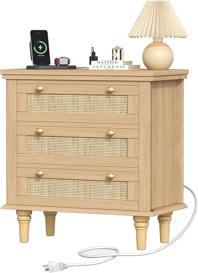 Keehusux Night Stand with 3 Large Storage Drawers, 26.8" H Rattan Nightstand with Charging Station, Boho Bedside Table with Round Handles, Wooden End Table for Bedroom, Natural Oak KES008MECTG