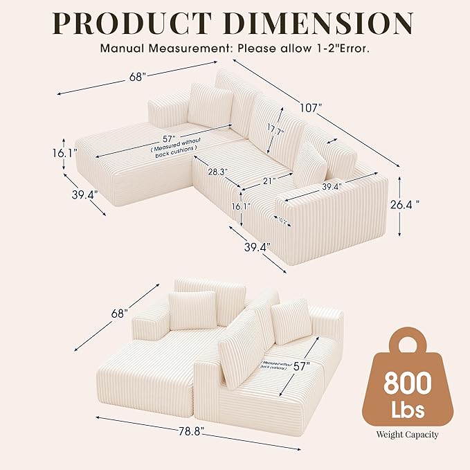 GRUSIGN 107'' Cloud Sectional Boneless Couches for Living Room, Modular L Shaped Couch with Deep Seat Oversized Left Facing Chaise, Memory Foam Compressed Spineless 3 Seater Sofa, Wide-Striped Beige