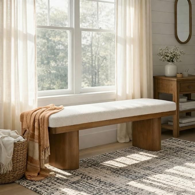Christopher Knight Home 55" Chenille Upholstered Bench with Solid Rubber Wood Legs, Modern Farmhouse Bedroom Bench, Padded Entryway Bench Seat, Dining Bench for Living Room End of Bed, Beige