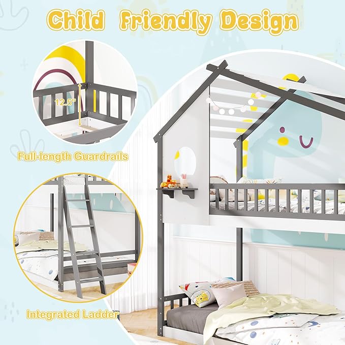 Giantex Bunk Bed Twin Over Twin, Solid Wood Floor Bunk Bed with Ladder & Full-Length Guardrails, House Shaped Bunk Beds for Kids, Girls, Boys, Dormitory and Bedroom, No Box Spring Needed