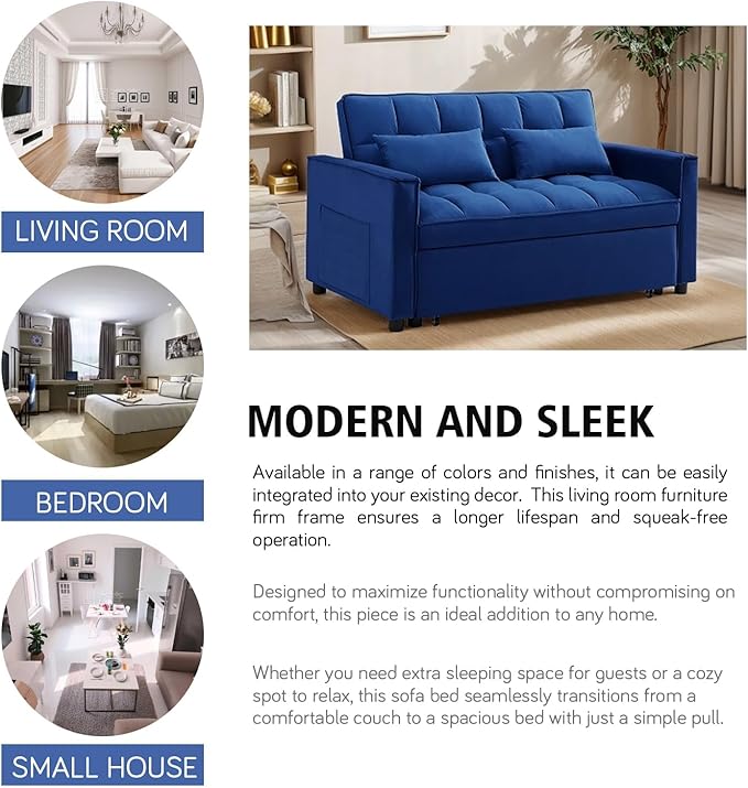 3 in 1 Convertible Sleeper Sofa Bed, 54'' Full Size Velvet Pull Out Futon Couch Recliner with Reclining Backrest & 2 Pillows, Small Loveseat Lounge Couches for Small Spaces (Dark Blue)