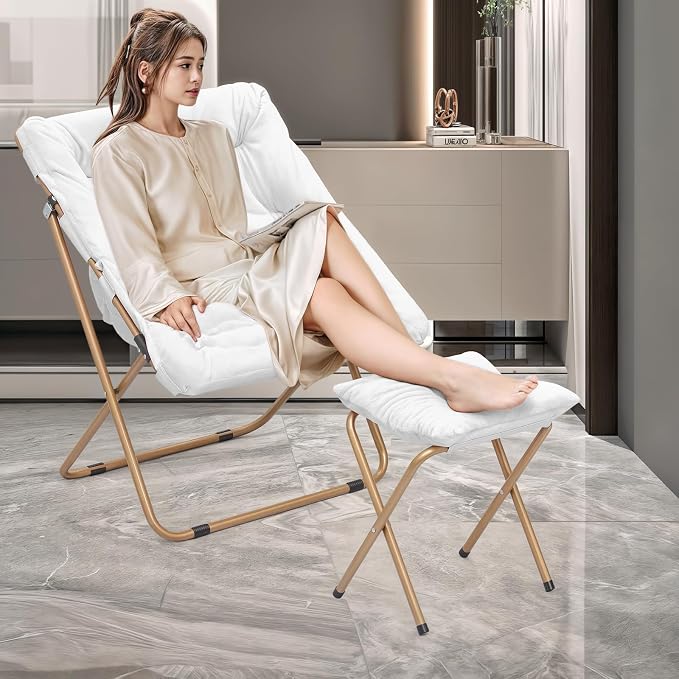 MoNiBloom Square Folding Faux Fur Saucer Chair for Bedroom Living Room Dorm Foldable Metal Frame Oversized Large Comfy Furry Padded Soft Cozy Moon Chair with Footrest Ottoman for Adults (White)