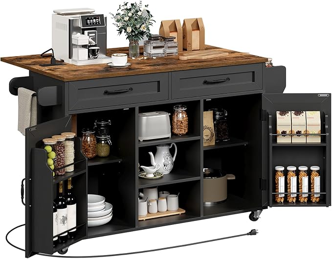 RALGEND Kitchen Island with Power Outlets & Drop Leaf, Kitchen Cart with Storage, Drawer and Spice Rack, Tower Rack, Island Table, Black and Rustic Brown