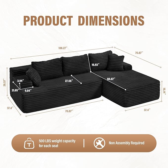 Hobestluk Modular Sectional Sofa Boneless Couch L-Shape Couch 3 Seat Modular Couch Memory Foam Sectional Couches for Living Room Furniture, Cloud Couch with Oversized Chaise (108" Right Facing Chaise)