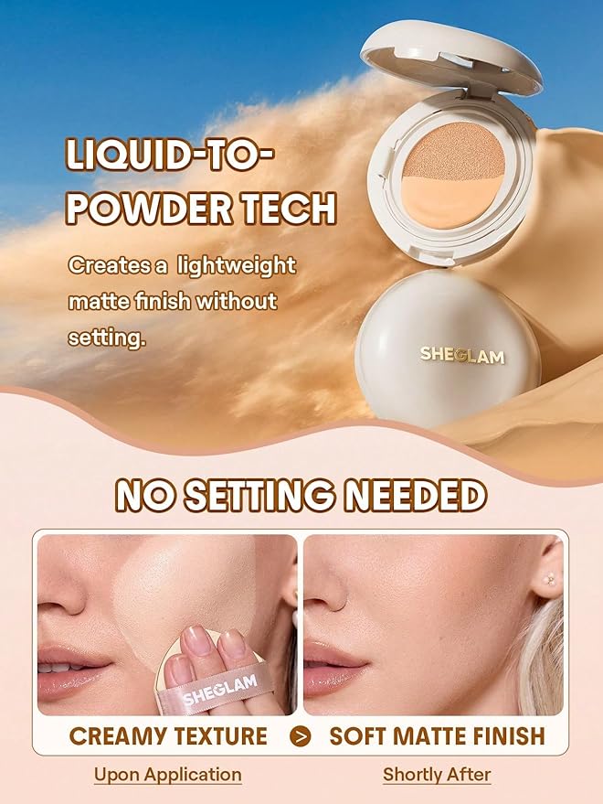 SHEGLAM Lock & Go Long-Lasting Cushion Foundation Soft Matte Weightless Waterproof for Flawless Base Makeup-Almond