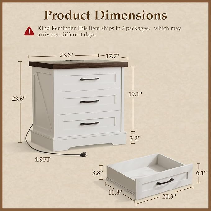 AODK Farmhouse Nightstands Set of 2, 24 Inch Bedside Tables with Charging Station, End Tables with Three Drawers, Bed Side Tables with Outlet and USB for Bedroom & Living Room, White & Walnut