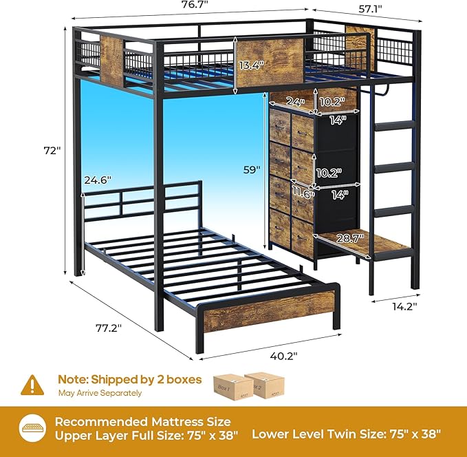 ADORNEVE Full Over Twin Bunk Bed with 8 Storage Drawers, Metal Loft Bed with Led Lights & Storage Shelves, Bunk Beds Twin over Full Size with 13.4" H Safety Guardrail & Ladder, for Kids & Teens, Black