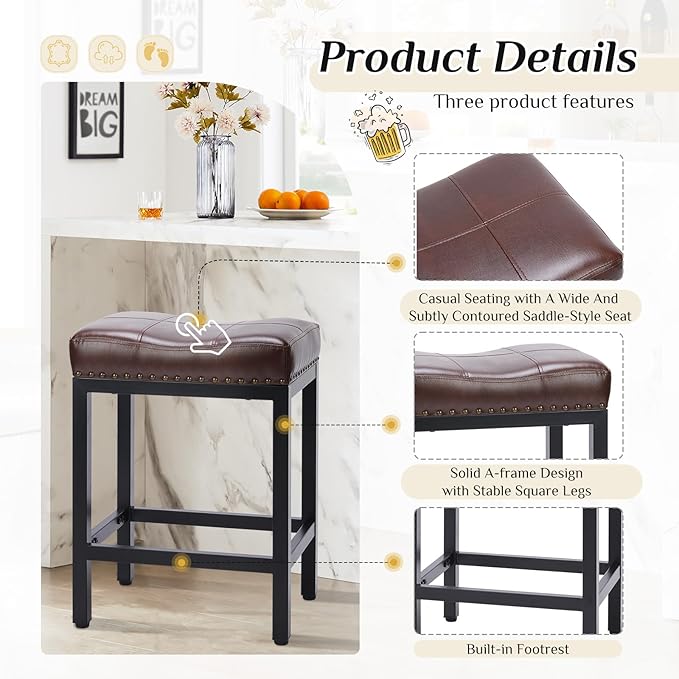 Sweetcrispy 24 inch Bar Stools Set of 6, Upholstered Modern Counter Height Bar Stools for Kitchen Island Modern PU Leather Sadless Stools Chair with Metal Base and Footrest,Brown