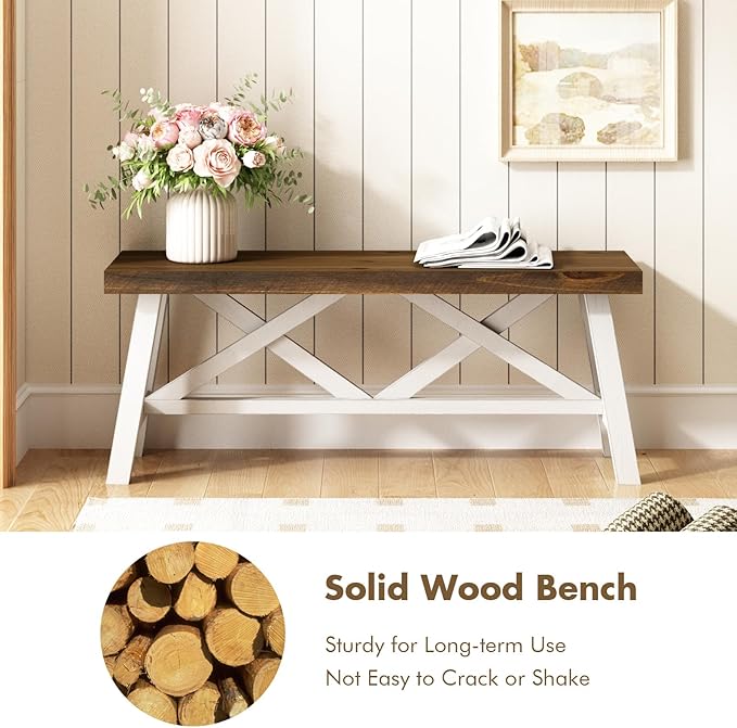 Wnutrees 43" Farmhouse Wood Bench, Rustic Solid Wood Entryway Bench Seat with Double X-Structure for Dining Area Living Room Hallway, Structural Stability, White