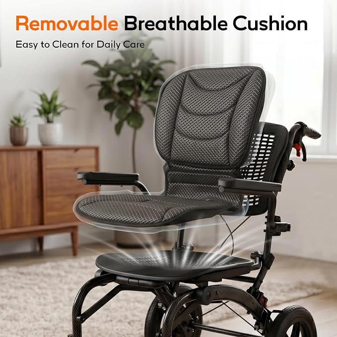 SOFTFISH Transport Wheelchair with Ergonomic Design & Pull Rod, Wheelchairs for Adults with Adjustable Push Handles & Footrests, 12” Rear Wheels, Flip-Back Armrests, Carbon Fiber Aluminum Frame