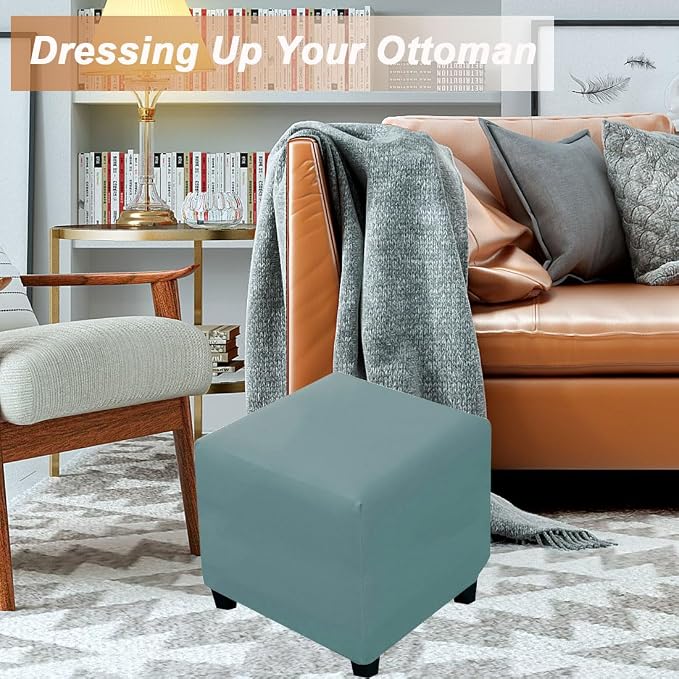 Waterproof Ottoman Cover Square Stretch PU Soft Folding Storage Ottoman Cover with Elastic Bottom Cube Footrest Foot Stool Slipcovers Machine Washable(Small/Light Blue)
