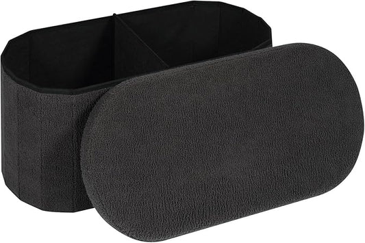 30" Oval Foldable Ottoman with Storage, Teddy Boucle Fabric Footrest, Storage Bench for Living Room, Bedroom, Entryway, Dorm, Darkgrey